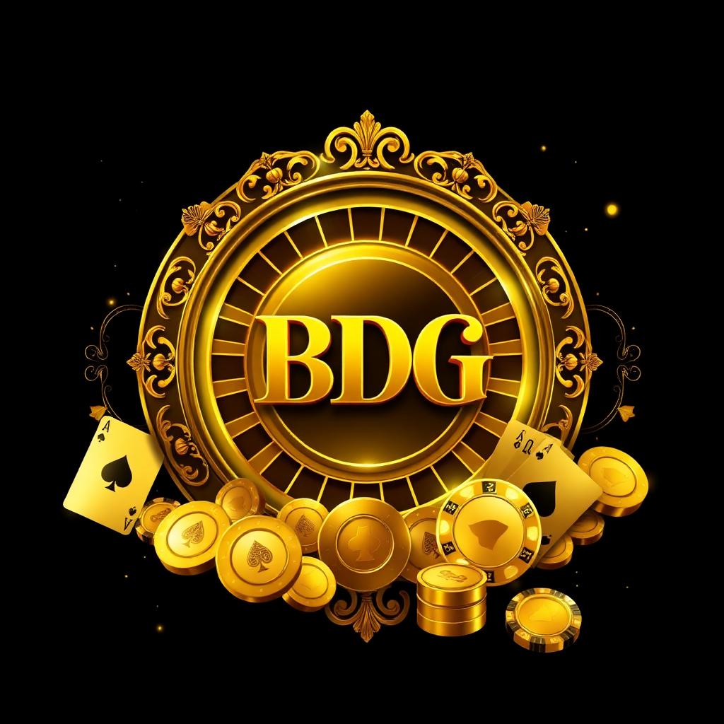 Golden BDG casino emblem with roulette wheel, cards, dice and coins on dark navy